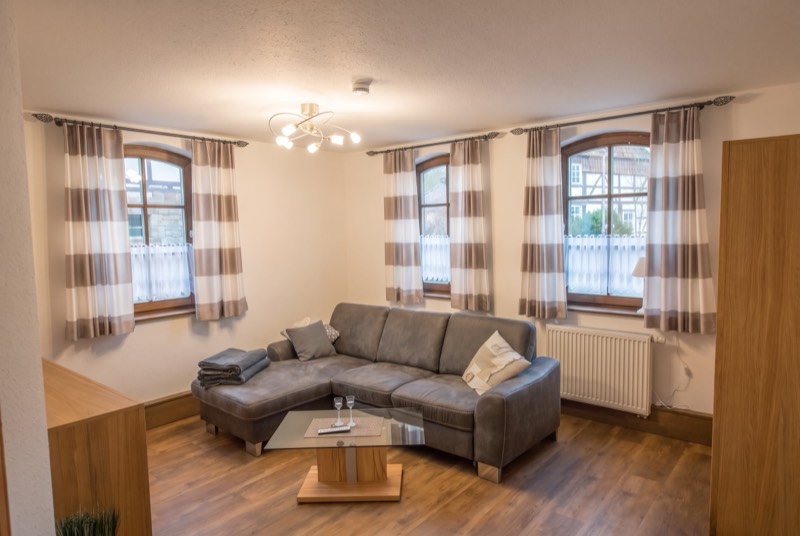 Wohnzimmer mit grauer Sofaecke und zwei Sprossenfenstern